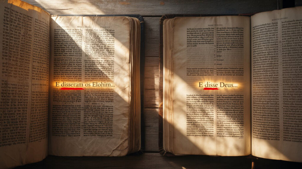 Comparação entre Bíblia em hebraico mostrando Elohim plural e Bíblia traduzida alterando para Deus singular revelando manipulação