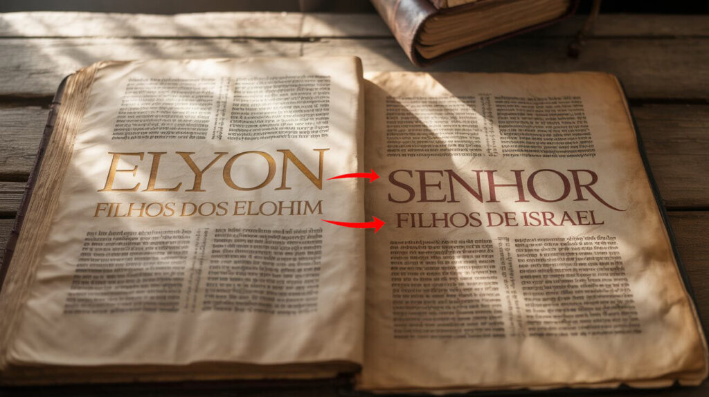 Comparação entre manuscrito original de Deuteronômio mostrando nomes distintos versus Bíblia moderna censurando diferença