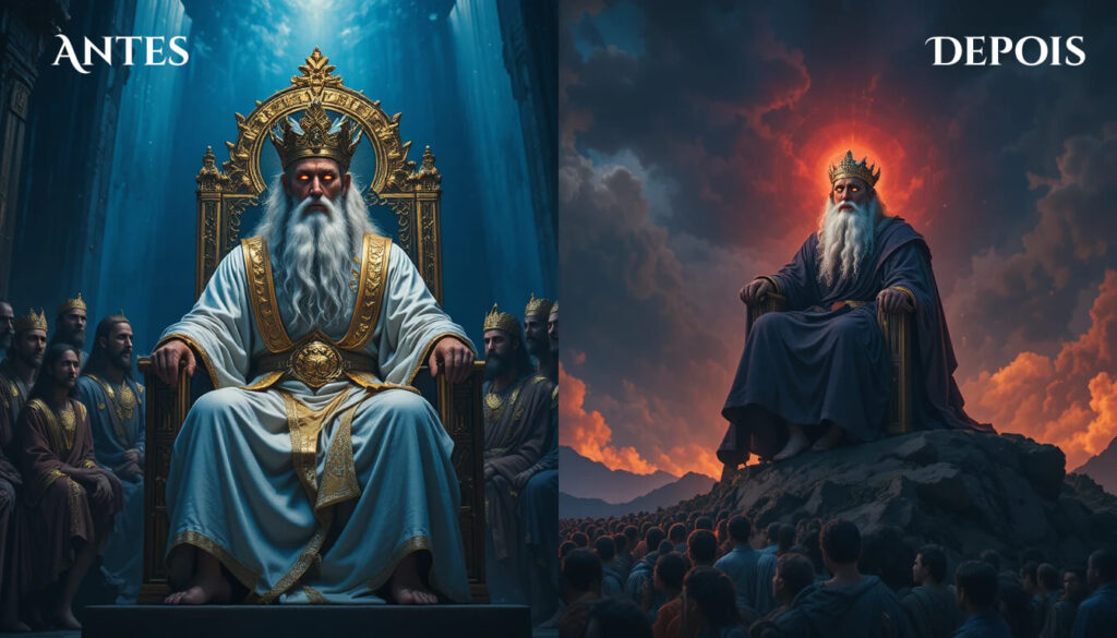Antes e depois mostrando como Elyon comandante supremo foi apagado e Yahweh elevado a deus único através de censura bíblica.