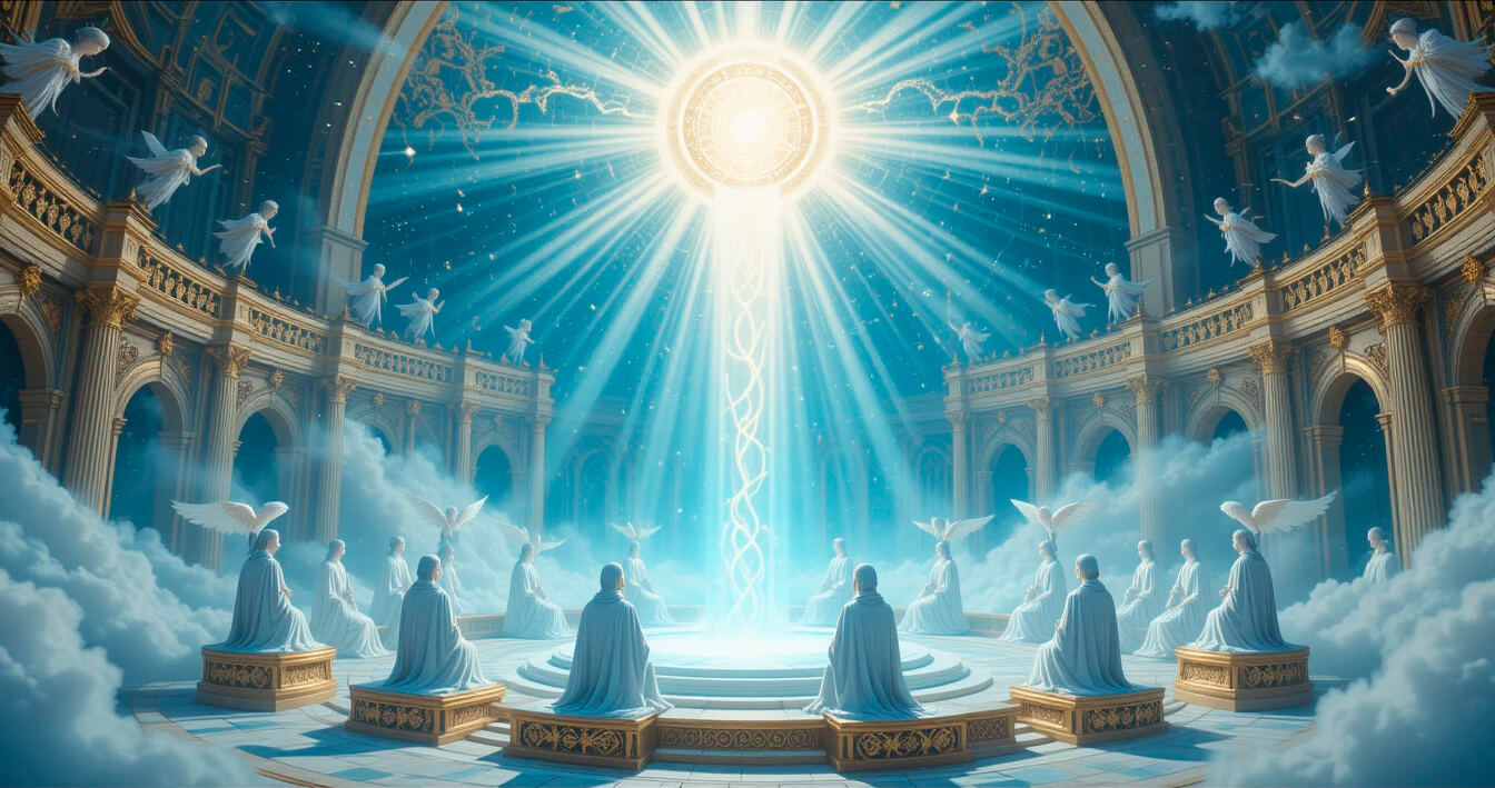 Conselho dos Elohim mostrando múltiplos deuses poderosos da Bíblia em formação celestial revelando natureza plural destes seres.