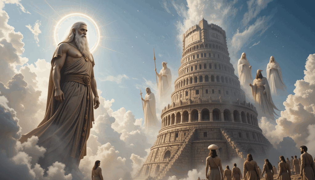 Torre de Babel com múltiplos Elohim descendo mostrando intervenção coletiva dos deuses provando natureza plural de Elohim na Bíblia