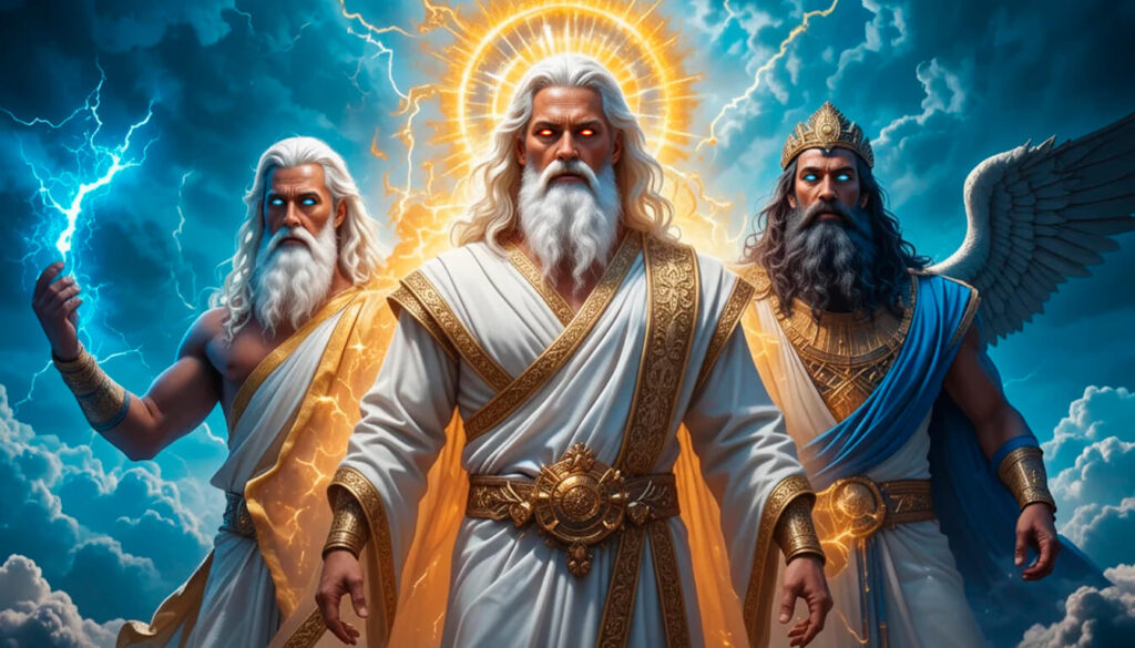 Comparação entre Elyon, Zeus e Anu mostrando padrão universal de deus supremo comandando conselho em todas mitologias antigas.