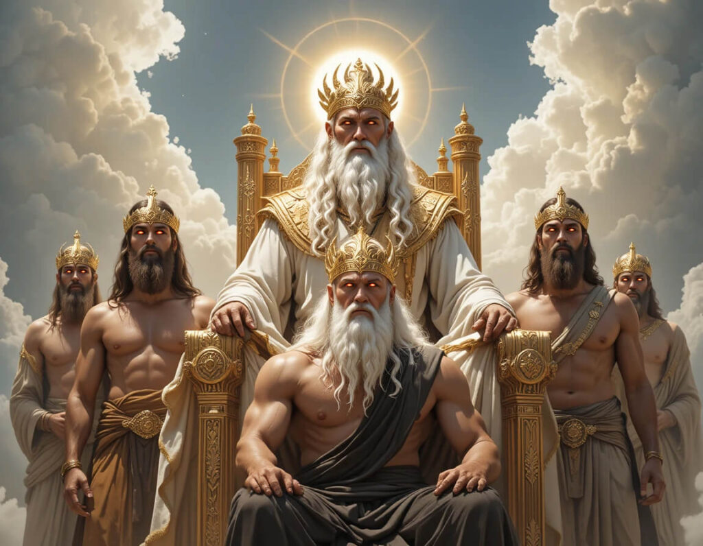 Hierarquia celestial mostrando Elyon no topo comandando múltiplos Elohim incluindo Yahweh como administrador regional