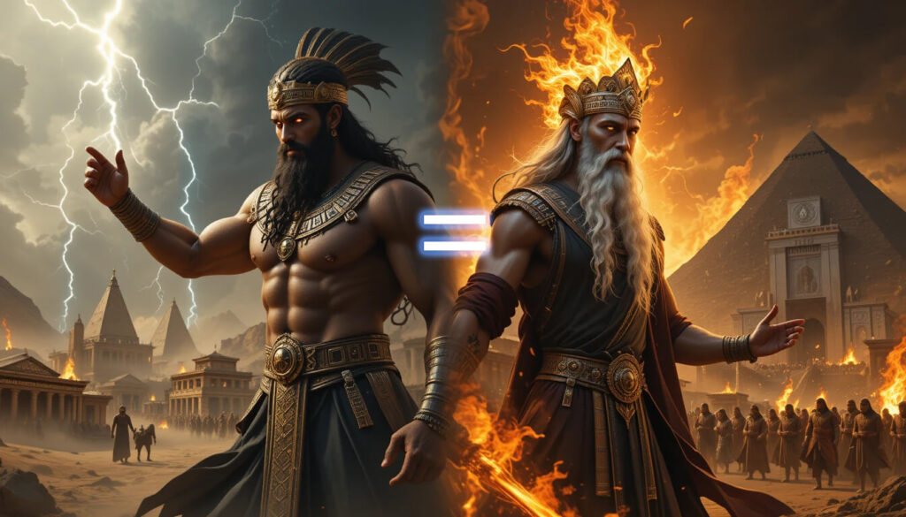 Comparação entre Enlil sumério e Yahweh bíblico, com perfis idênticos, demonstrando mesma entidade com nomes diferentes.
