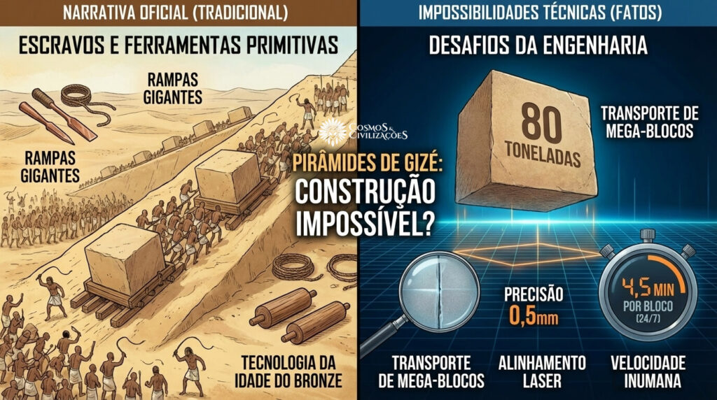 Comparação entre narrativa oficial da construção das pirâmides e impossibilidades físicas revelando tecnologia perdida ou alienígena