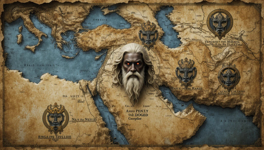 Mapa do Oriente Próximo mostrando divisão territorial entre Yahweh e outros Elohim provando disputa por regiões não supremacia divina