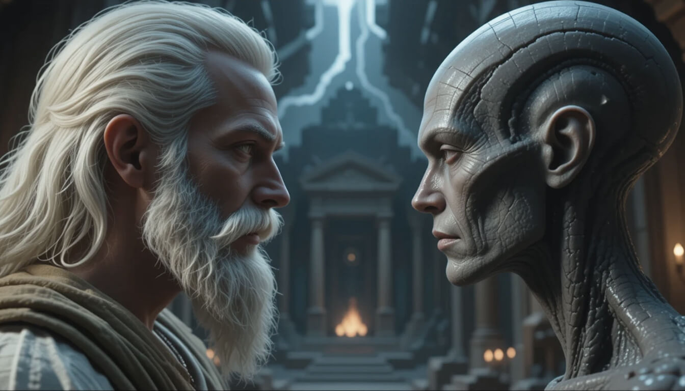 Representação explorando a possível origem de Yahweh: "Deus Celestial" ou um "Ser Avançado"?