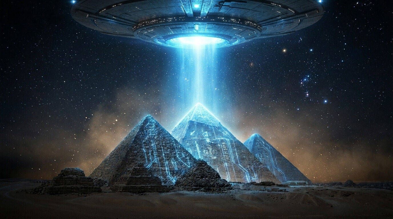 Pirâmides de Gizé iluminadas por feixe tecnológico alienígena à noite com nave espacial e constelação Órion mostrando intervenção extraterrestre