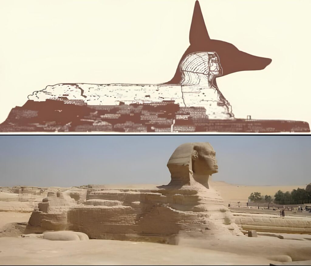 Comparação Esfinge atual versus reconstrução com cabeça original de Anúbis mostrando que foi reesculpida e guardava entrada de Amenti