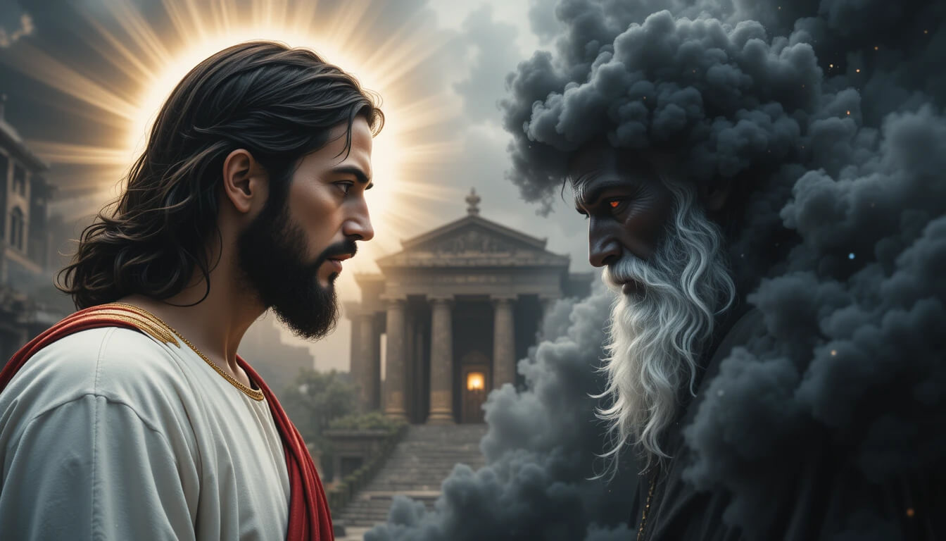 Contraste simbólico entre Jesus e Yahweh em oposição.