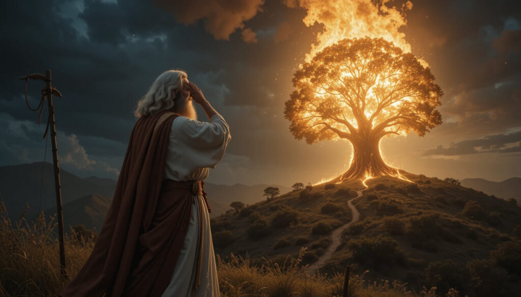 Moisés diante da sarça ardente perguntando nome de Yahweh provando que não conhecia esse deus antes do encontro