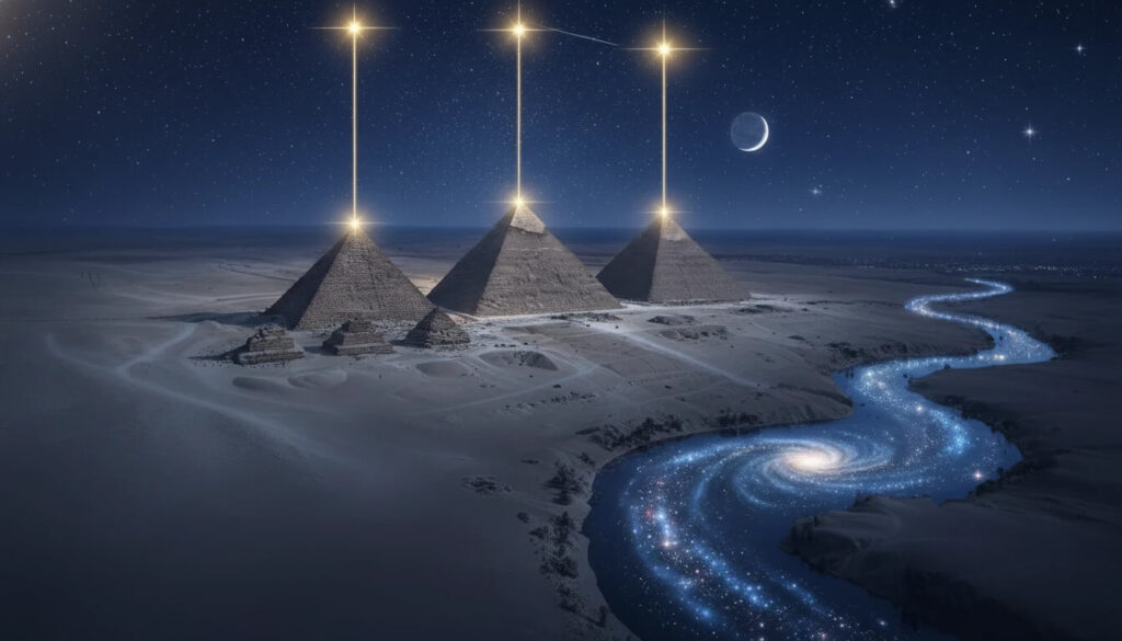 Pirâmides de Gizé alinhadas com Cinturão de Órion mostrando correlação estelar e conexão com Anunnaki segundo teoria Robert Bauval
