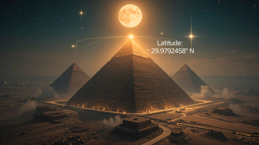 Grande Pirâmide de Gizé com latitude 29.9792° N correspondendo à velocidade da luz 299.792.458 metros por segundo mostrando conhecimento avançado