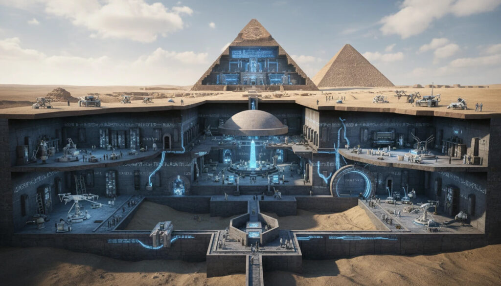 Estruturas subterrâneas descobertas por radar em 2024 sob Pirâmides de Gizé mostrando câmaras e túneis não-mapeados além da Esfinge