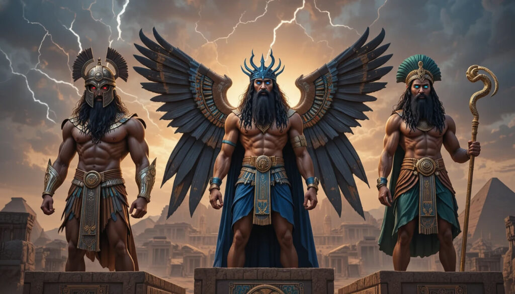 Três principais Anunnaki: Enlil (esquerda), Anu (centro) e Enki (direita), mostrando a hierarquia dos criadores da humanidade