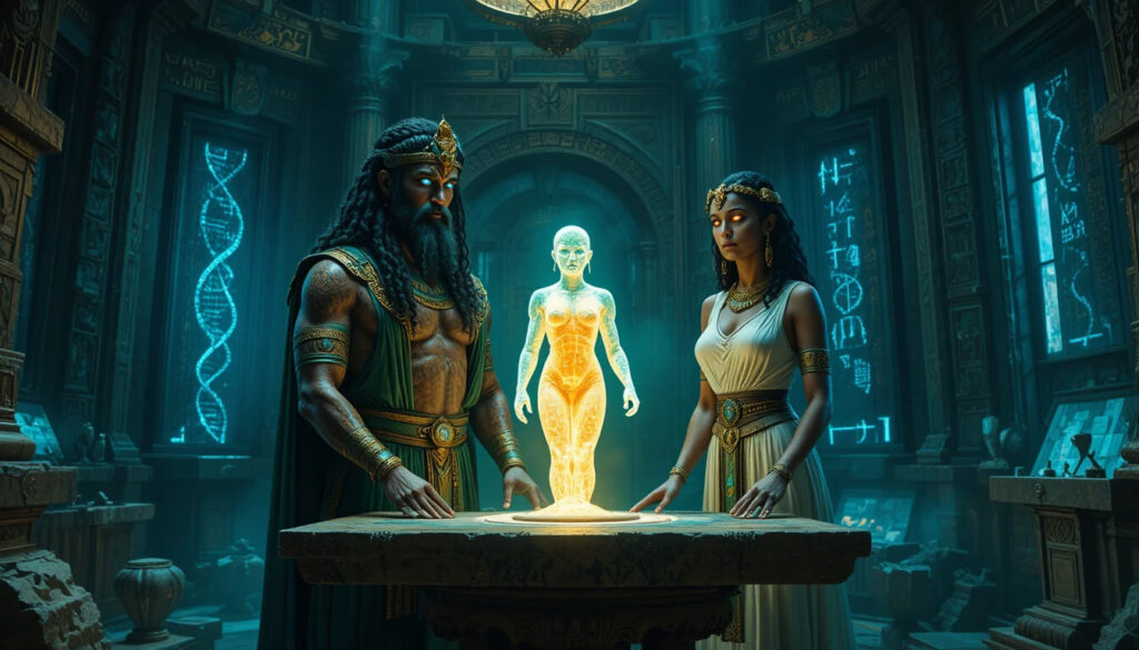 Enki e Ninmah criando Lulu Amelu, através de manipulação genética, mostrando origem da humanidade como experimento Anunnaki