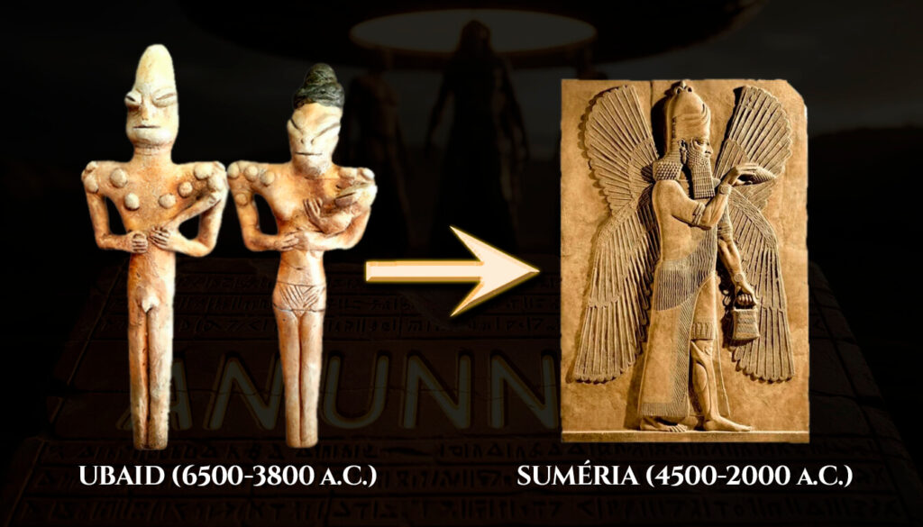 Comparação entre estatueta Ubaid reptiliana e relevo sumério humanizado mostrando transição aparência Anunnaki