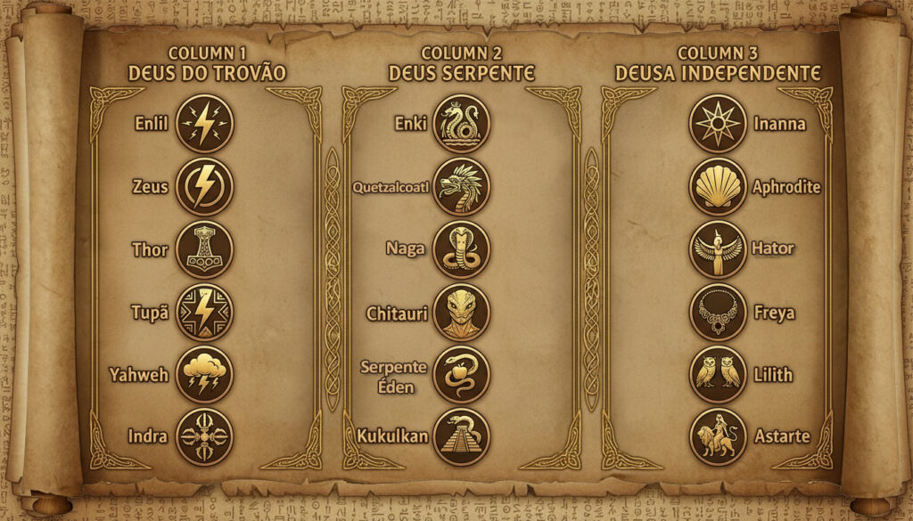 Infográfico de arquétipos divinos universais, mostrando Enlil, Zeus, Thor, Tupã, como mesmo deus trovão; Enki, Quetzalcoatl como serpentes; Inanna, Afrodite e Lilith como mesmas deusas