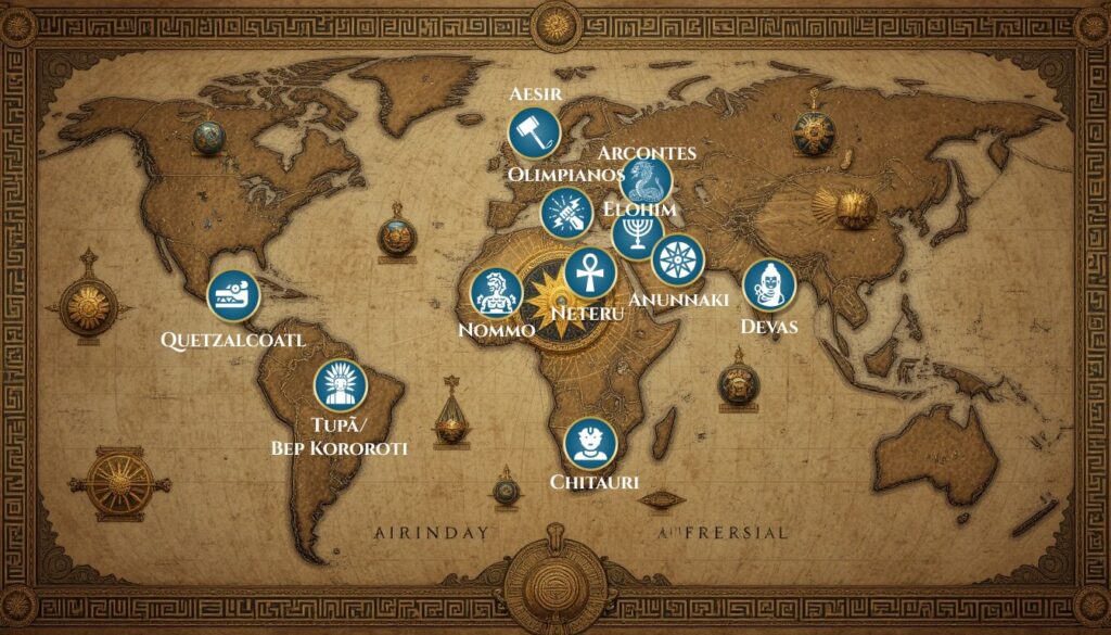 Mapa Global com panteões antigos: Suméria (Anunnaki), Egito (Neteru), Grécia (Olimpianos), Escandinávia (Aesir), Índia (Devas), Mesoamérica (Quetzalcoatl), Brasil (Tupã/Bep Kororoti), África (Nommo/Chitauri), Israel (Elohim), Mediterrâneo (Arcontes)