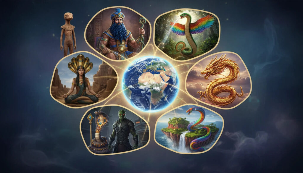 Deuses serpentes globais (Ubaid, Enki, Quetzalcoatl, Naga, Dragões, Chitauri) revelando raça reptiliana universal memória ancestral