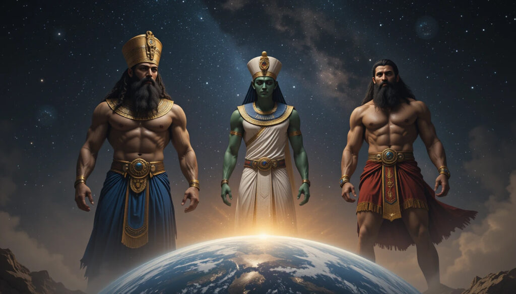 Representações dos deuses antigos das civilizações ao redor do mundo observando a Terra — os mesmos seres com nomes diferentes