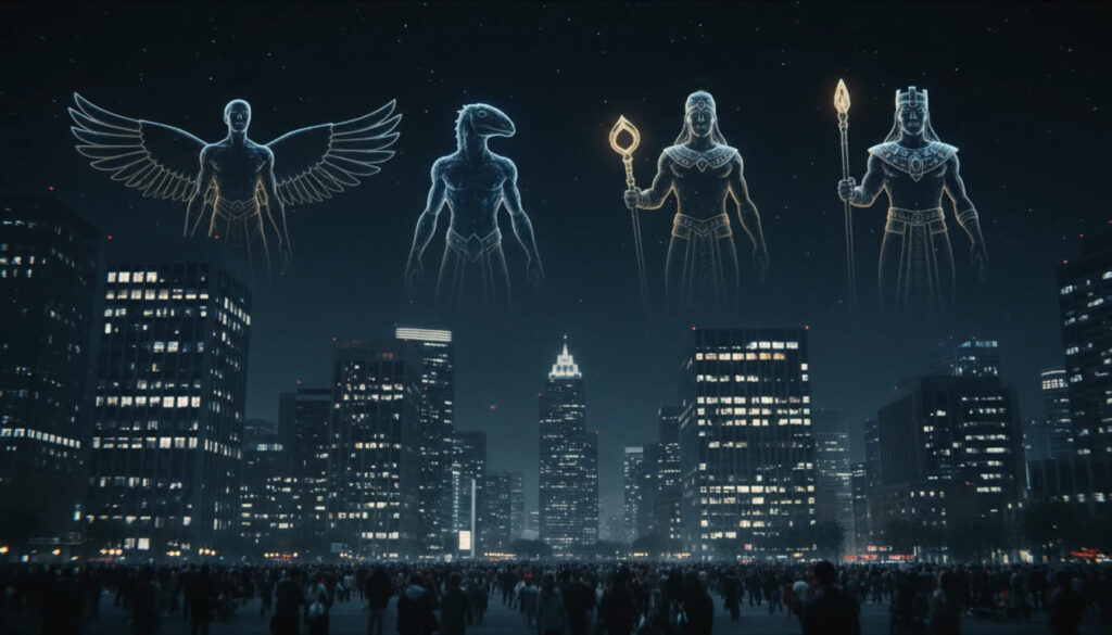 Silhuetas Anunnaki/Elohim invisíveis controlando cidade moderna, revelando que os deuses nunca foram embora; manipulação oculta continua.