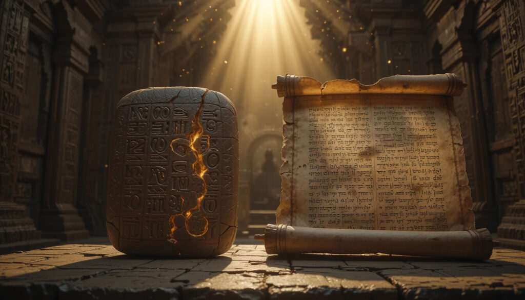 Tablete sumério e pergaminho hebraico lado a lado mostrando que Bíblia copiou textos mesopotâmicos 2000 anos mais antigos