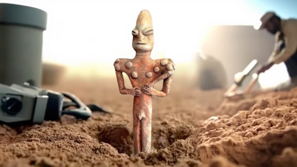 Arqueólogos descobrindo estatueta Ubaid reptiliana enterrada, revelando evidência física que sobreviveu ao apagamento histórico Anunnaki