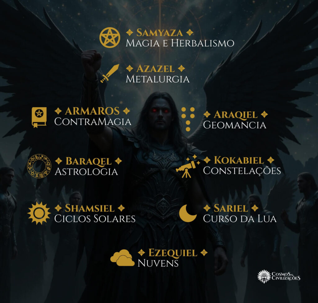 Infográfico Vigilantes: conhecimentos proibidos ensinados, por exemplo, metalurgia (Azazel ), astrologia (Baraqel ), revelando transferência tecnológica.