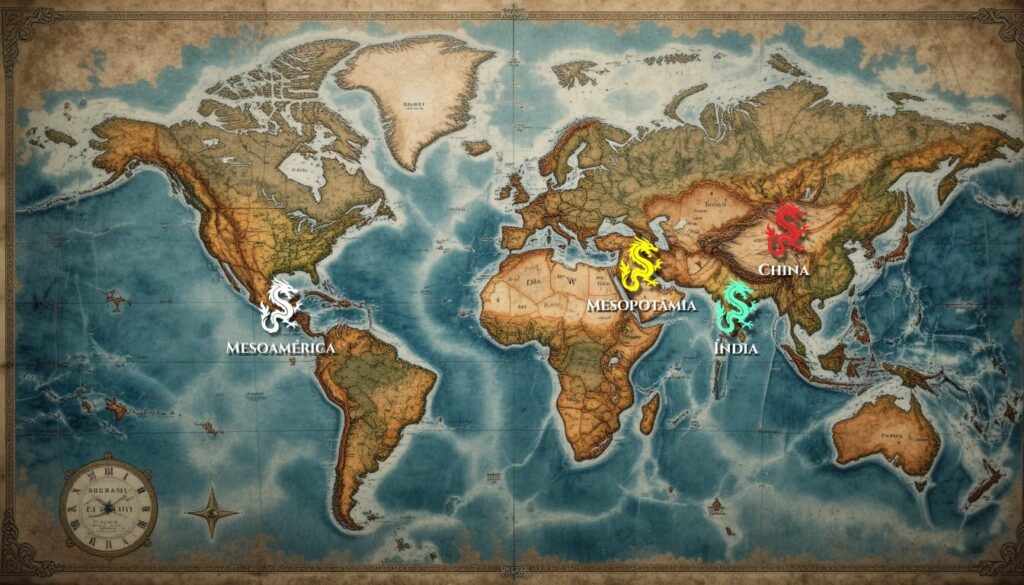 Mapa global mostrando culturas separadas descrevendo seres reptilianos idênticos provando contato universal com mesma espécie