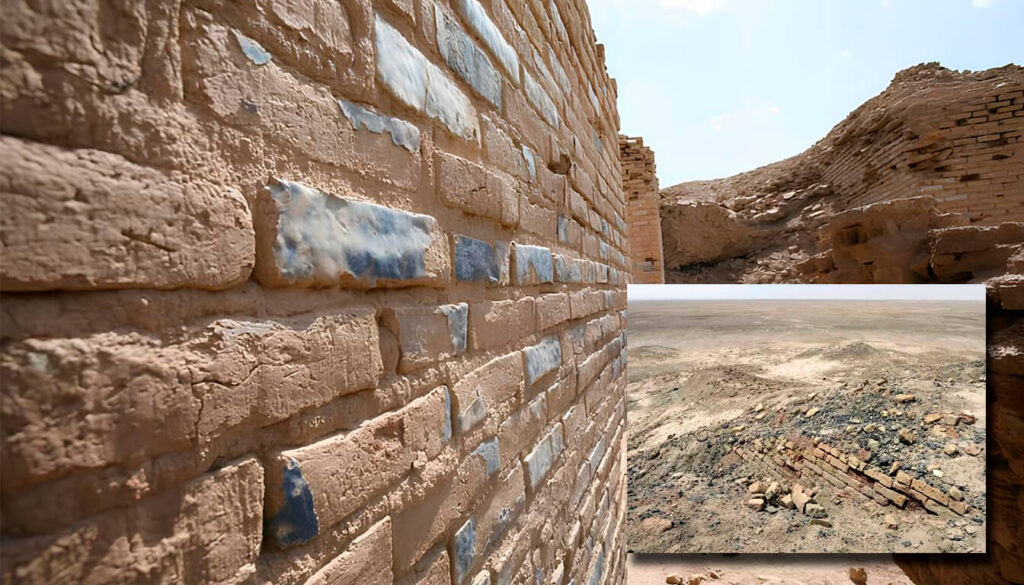 Vestígios de tinta azul e esmaltes nas paredes de Eridu. No detalhe, ruínas do zigurate sumério em Eridu, sudoeste de Nasiriyah, Iraque, trazem a inscrição com o nome do rei Ur-Nammu (2123-2106 a.C.)