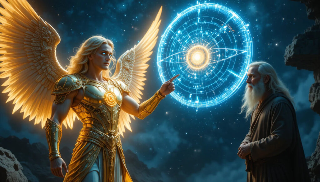 Uriel ensinando Enoque conhecimento astronômico avançado, revelando transferência de conhecimento extraterrestre