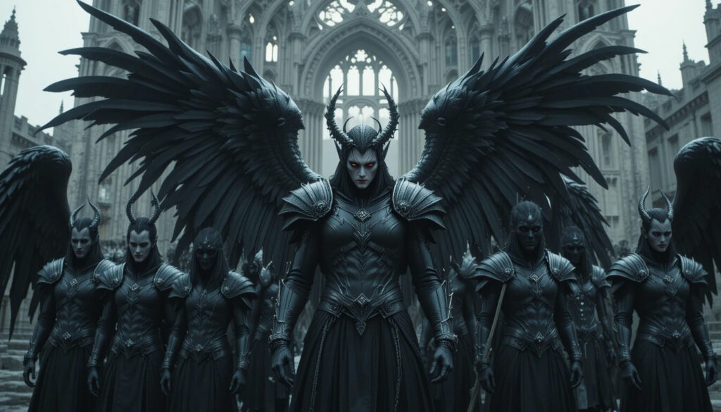 Sete generais Vigilantes / Anjos Caídos, em representação gótica mostrando aparência clássica da expectativa cultural vampírica.