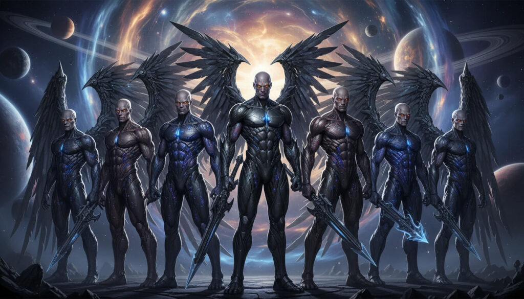 Sete Vigilantes / Anjos Caídos reimaginados como seres extraterrestres, revelando a realidade provável de aparência não humana.
