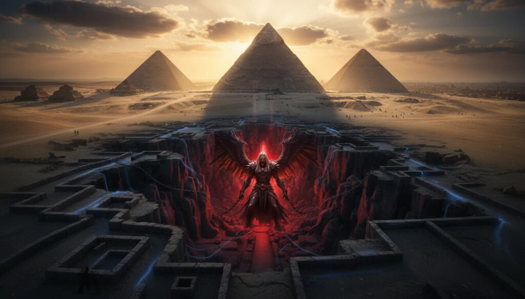 Pirâmides de Gizé com estruturas subterrâneas, revelando possível localização de Dudael, prisão de Azazel sob Egito.