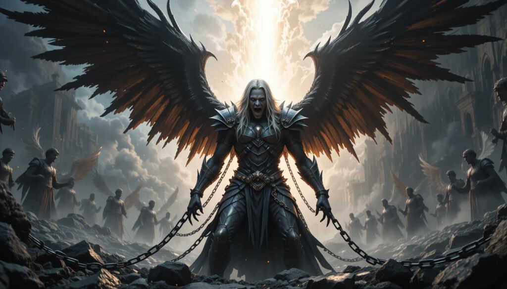 Azazel preso, acorrentado em Dudael, como punição dos Vigilantes / Anjos Caídos, revelando aprisionamento físico, não espiritual.