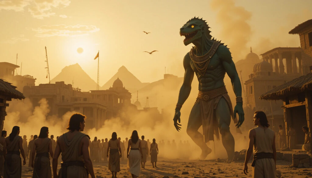 Civilização Ubaid e seus deuses répteis. Representação artística de um deus réptil caminhando entre aldeões antigos.