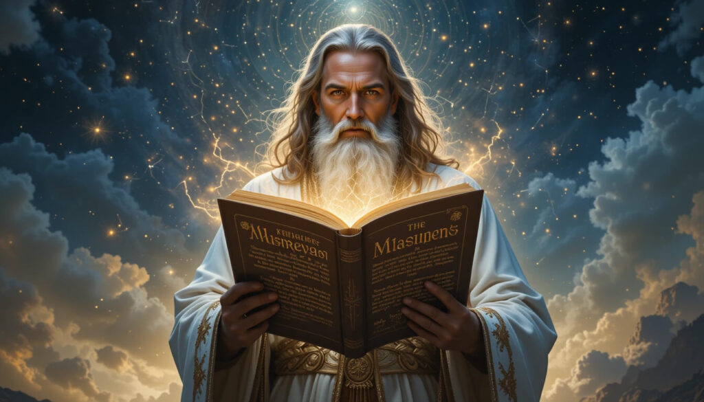 Enoque segurando livro sagrado banido com conhecimento cósmico revelado pelos Vigilantes Elohim