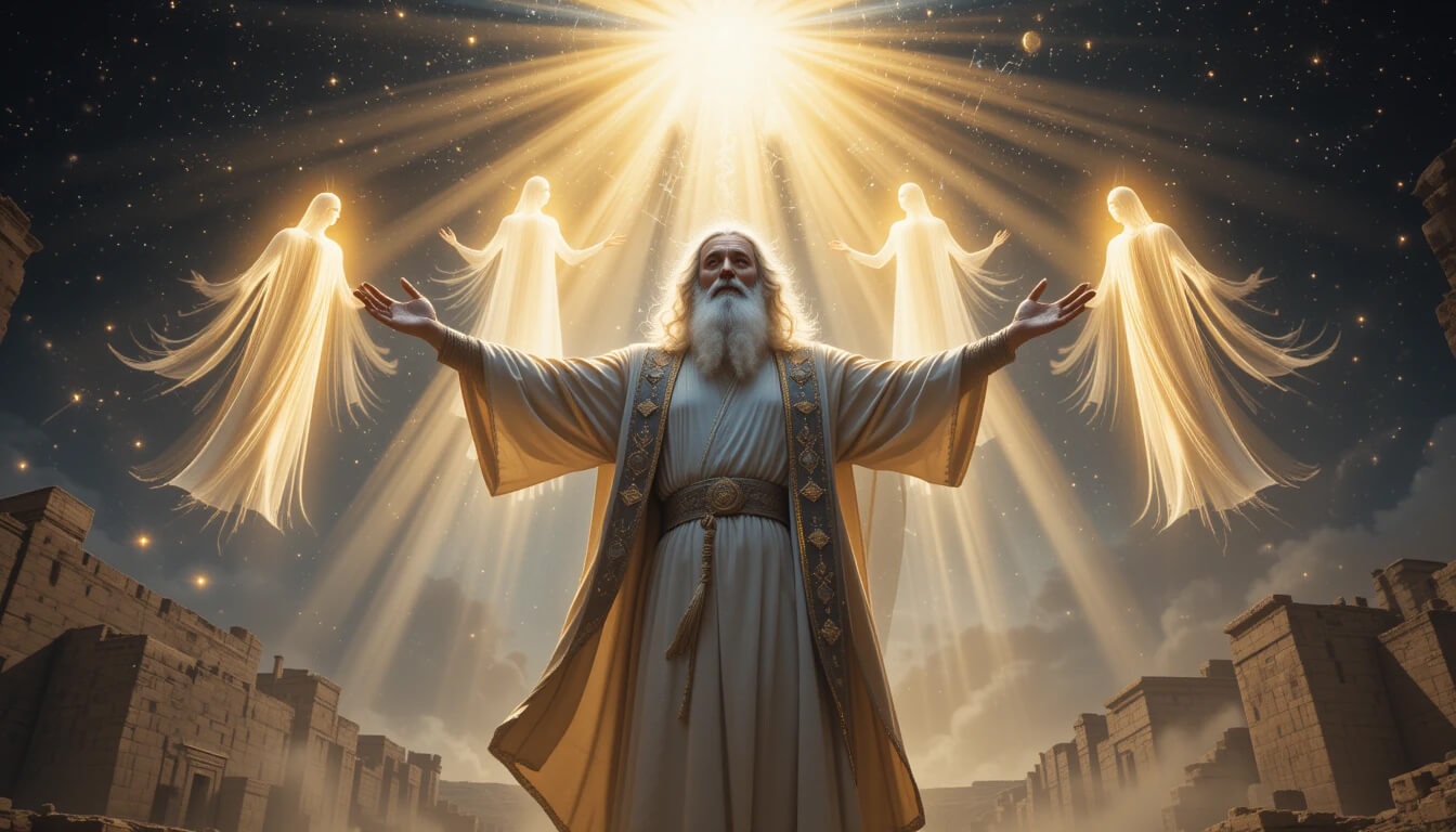 Enoque sendo elevado aos céus por seres celestiais sob uma luz divina, com ruínas antigas ao fundo.