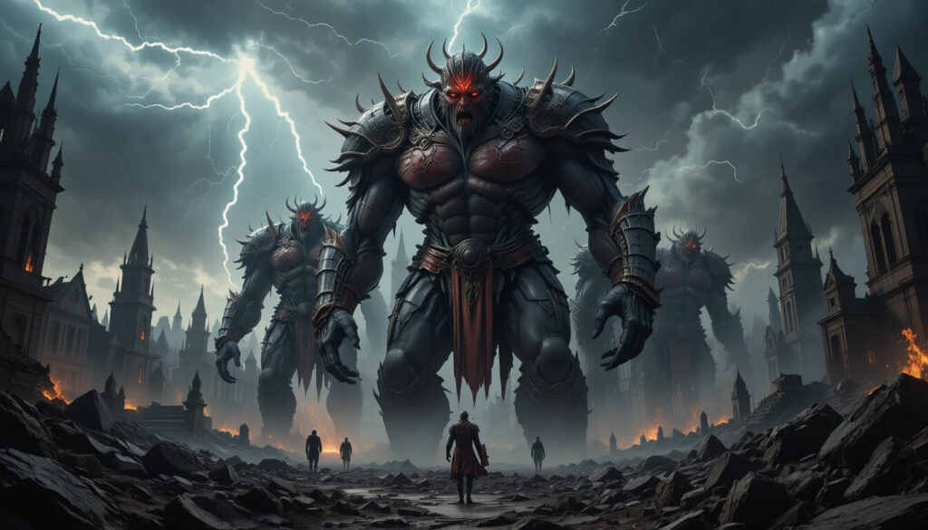 Nefilim gigantes híbridos violentos nascidos de Vigilantes e humanas ameaçando humanidade conforme Livro de Enoque