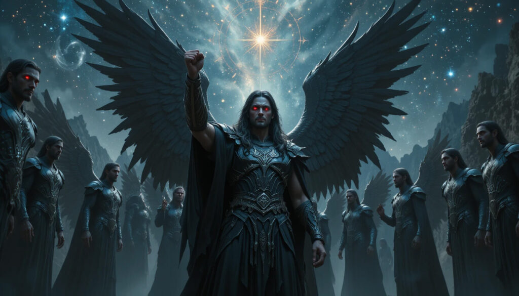 Samyaza, líder dos Anjos Caídos / Vigilantes. Representação dramática revelando facção rebelde Elohim, não anjos tradicionais.