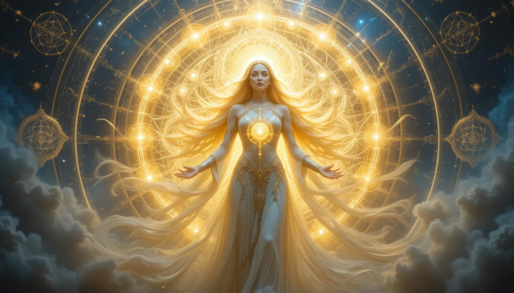 Barbelo, Primeira Emanação do Pleroma cercada por Aeons, em círculos concêntricos, mostrando hierarquia divina do gnosticismo