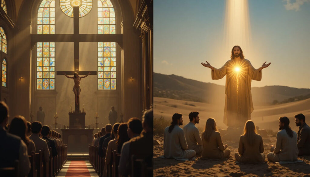 Comparação entre Jesus ortodoxo em cruz com adoração externa e Jesus gnóstico ensinando despertar interior mostrando diferença entre fé e gnose