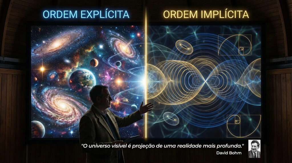 David Bohm ordem implícita explícita universo holográfico projeção realidade oculta física quântica Gênesis camada superficial