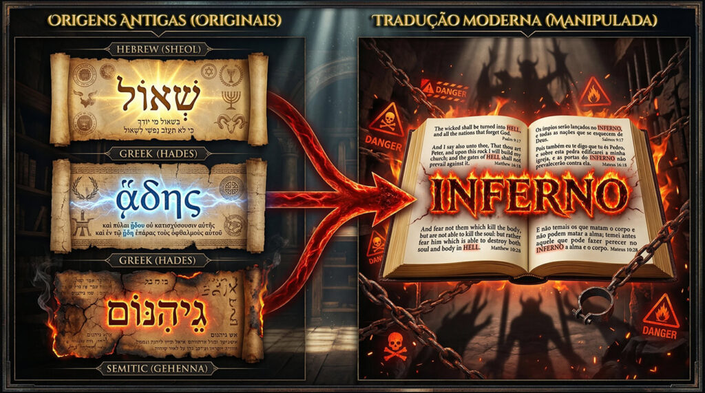 Sheol Hades Gehenna tradução manipulada inferno Bíblia King James Almeida três palavras uma fraude linguística controle medo