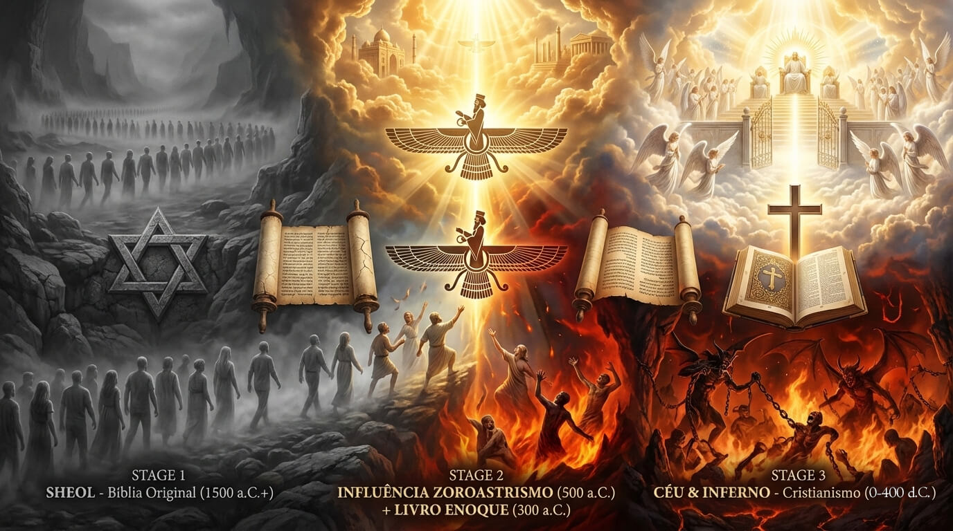 Sheol céu inferno Bíblia original evolução conceito Zoroastrismo Livro Enoque Gehenna Hades transformação pós-morte julgamento