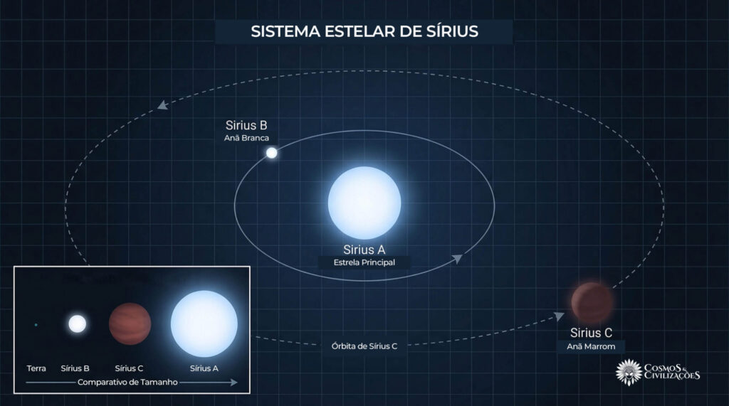 Sistema estelar de Sírius mostrando Sírius A B e C que Dogons conheciam antes da ciência moderna incluindo anã marrom não confirmada