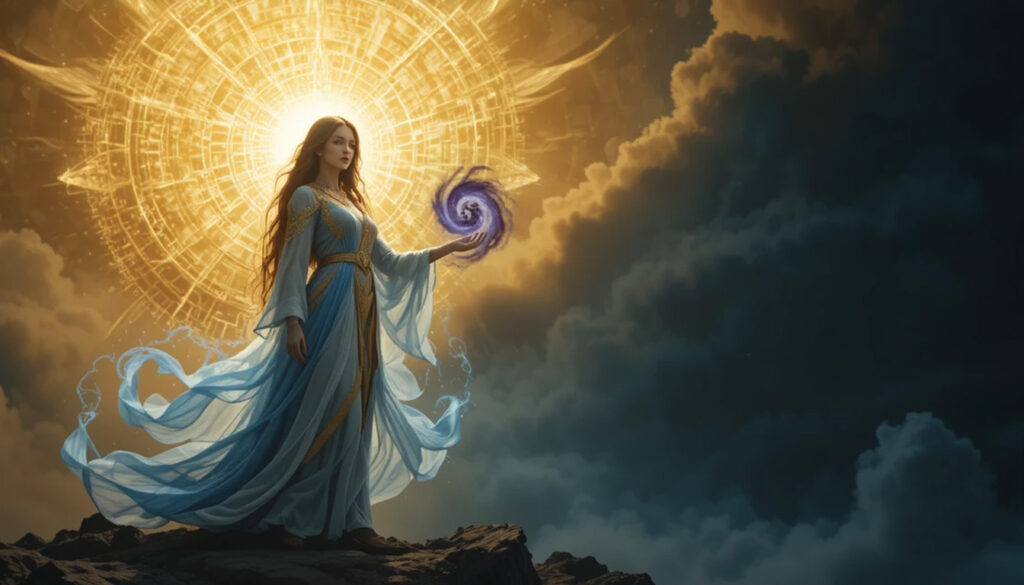 Sophia Aeon na borda do Pleroma prestes a cometer erro cósmico criando Yaldabaoth sozinha no gnosticismo