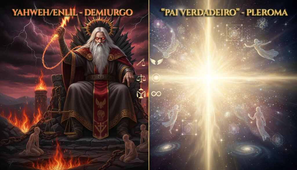 Yahweh Enlil Demiurgo controlador medo julgamento vs Pai Verdadeiro Pleroma libertador amor incondicional Gnosticismo contraste divindades