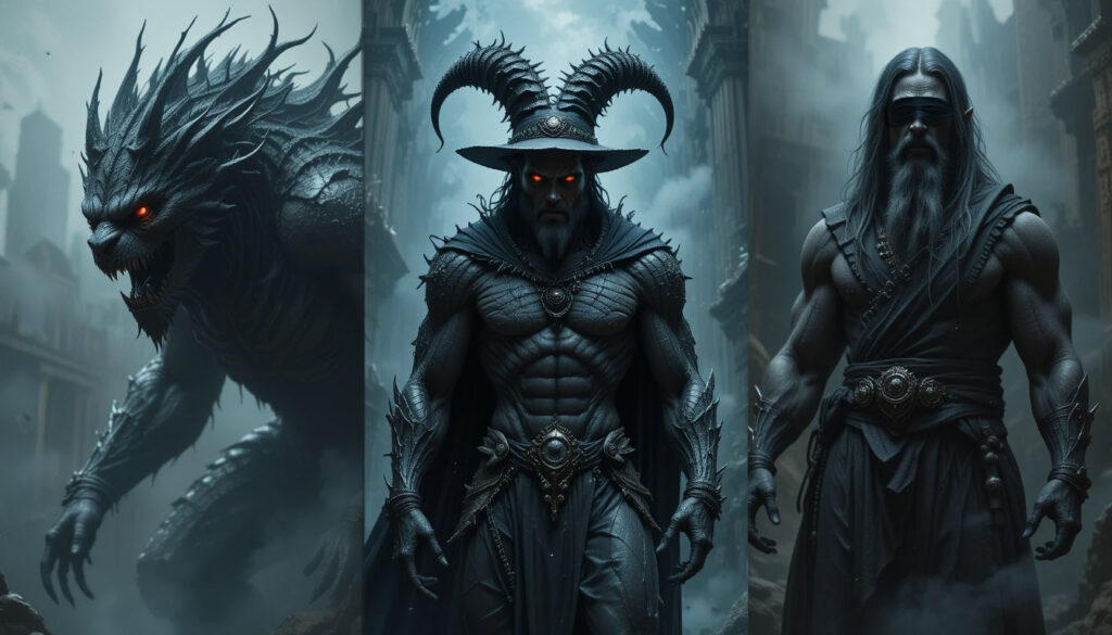 Três nomes de Yaldabaoth: Saklas o tolo, Samael o deus cego e Yaldabaoth filho do caos mostrando natureza do demiurgo gnóstico